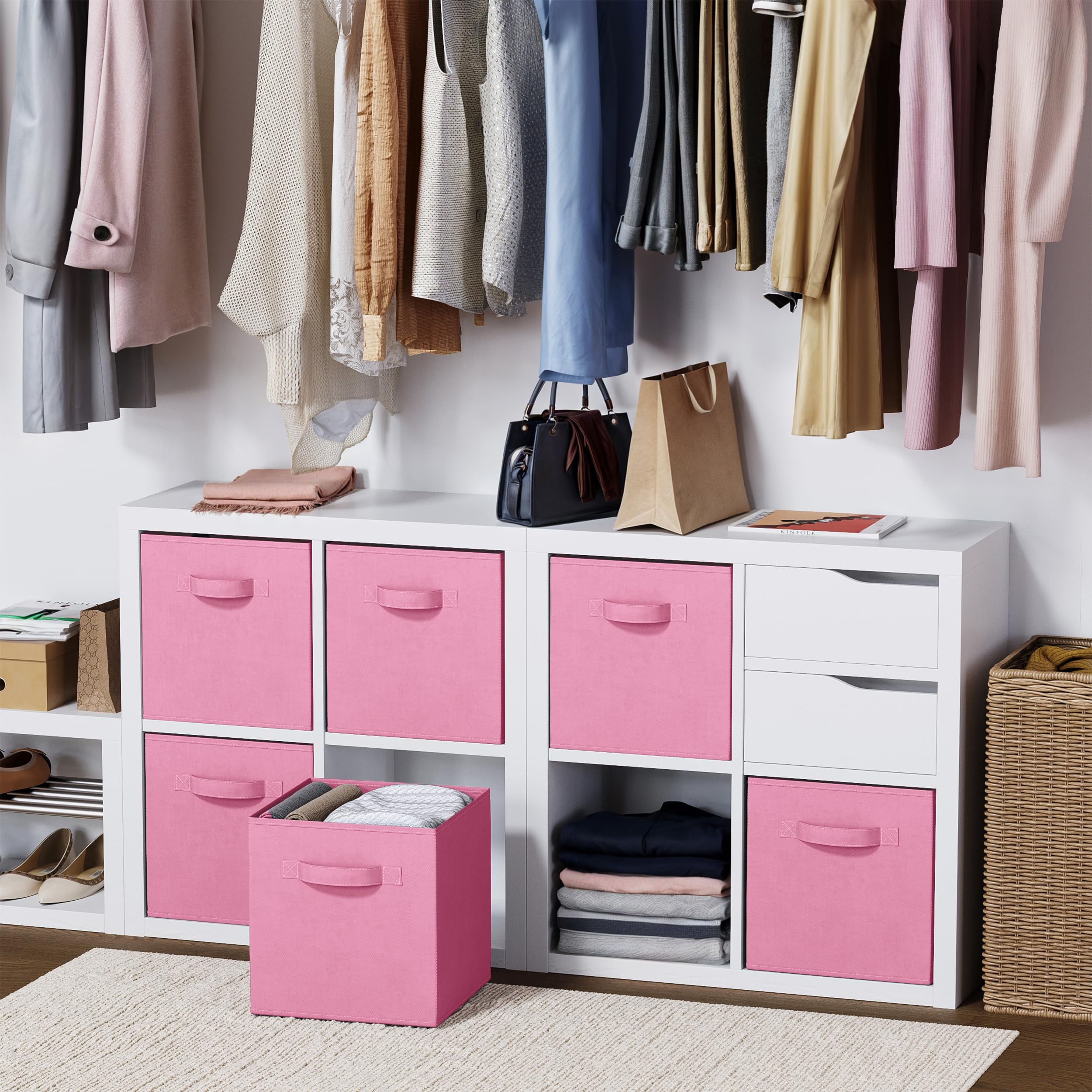 11 Inch Fabric Storage Cubes with Handles (Set of 8) - Foldable Closet Organizer Bins for Shelves, Toys & Home Organization | Light Pink Cubby Baskets for Bedroom, Nursery & Playroom Storage