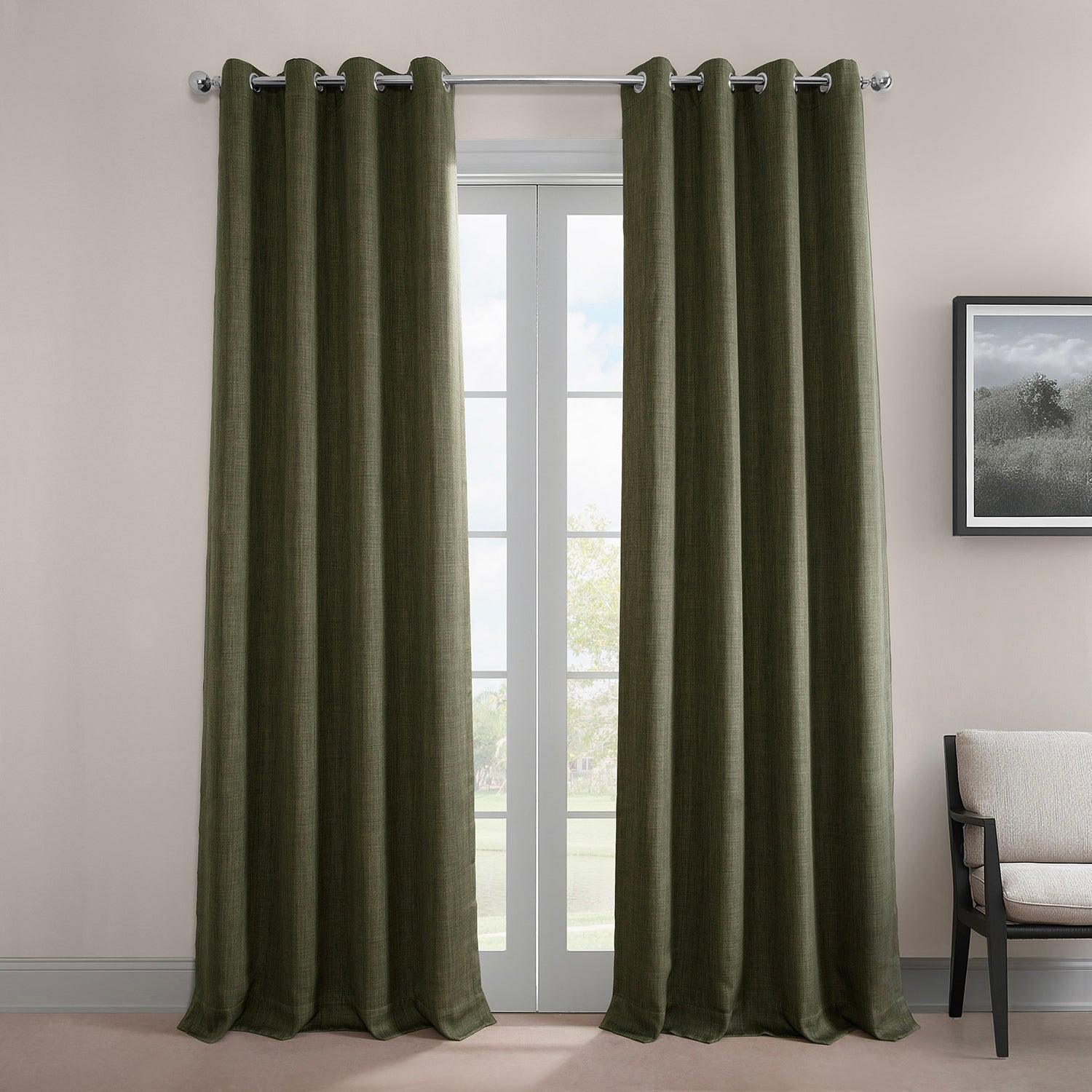 Khaki Green Grommet Textured Faux Linen Blackout Curtains for Bedroom & Living Room - Thermal Insulated Window Drapes for Home Decor and Light Blocking
