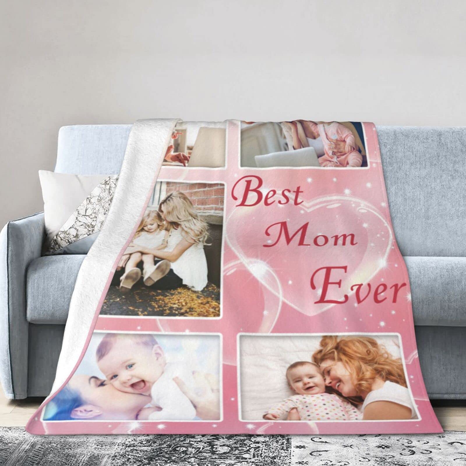 Best Mom Ever Custom Photo Blanket - Personalized Picture Blanket with 5 Photos - Thoughtful Gift for Mother's Day, Birthday, Christmas, Father's Day & New Year - Cozy Home Decor for Living Room, Bedroom & Special Occasions