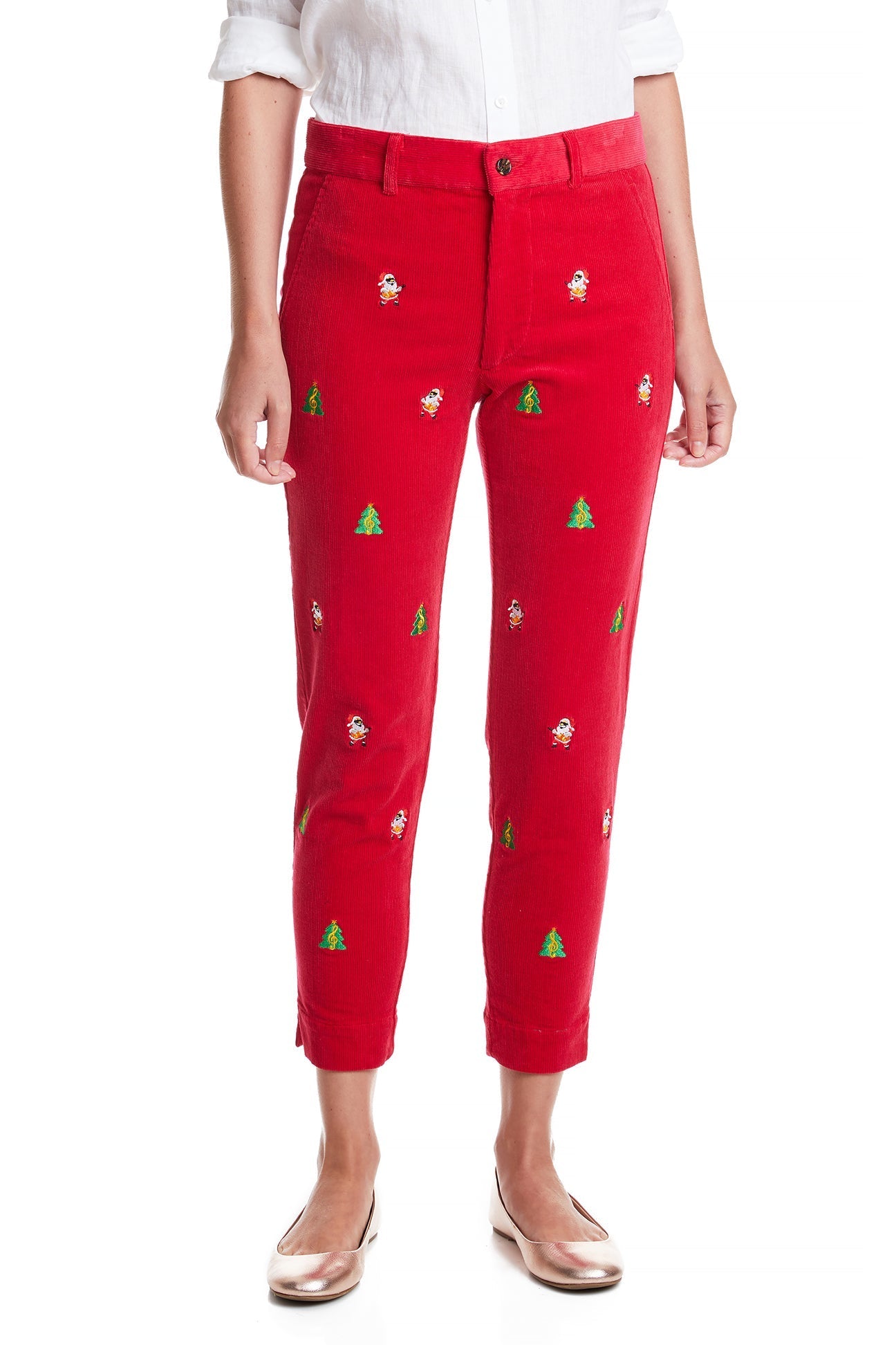 Women's Corduroy Ankle Pants in Crimson Red - Christmas Holiday Casual Wear for Parties & Family Gatherings