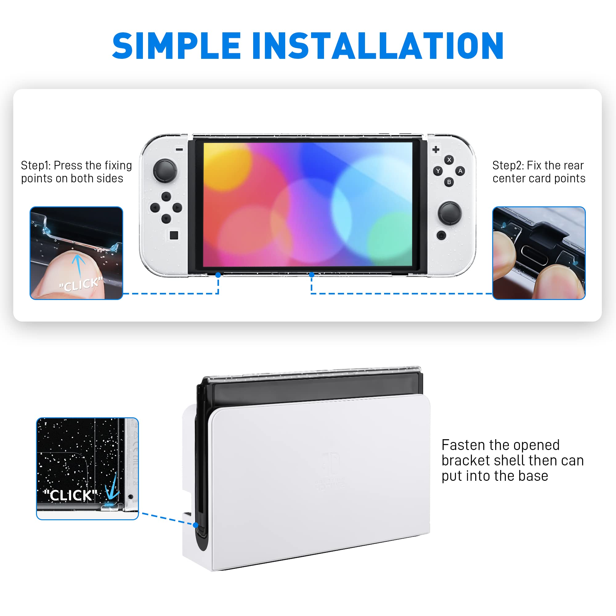 FUNDIARY Glitter Dockable Protective Case for Nintendo Switch OLED - Shockproof TPU Shell with Comfort Grip, 12 Thumb Caps & Screen Protector | Perfect for Gaming, Travel & Home Entertainment