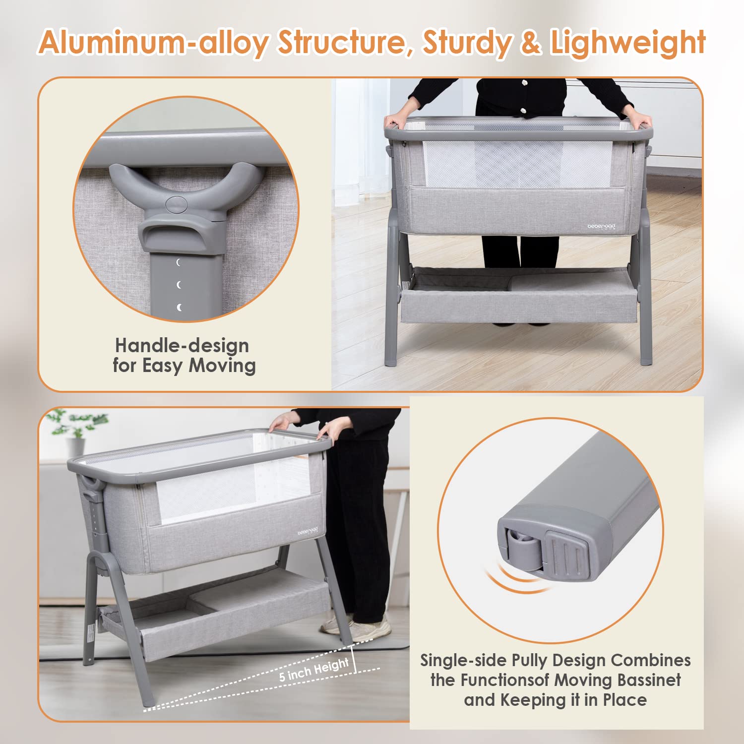 **Beberoad Portable Baby Bassinet & Bedside Sleeper - Lightweight Adjustable Crib for Newborns & Infants (6 Height Settings, Includes Mattress, Wheels, Storage Basket & Travel Bag) - Perfect for Nursery, Bedroom & Travel - Light Grey**