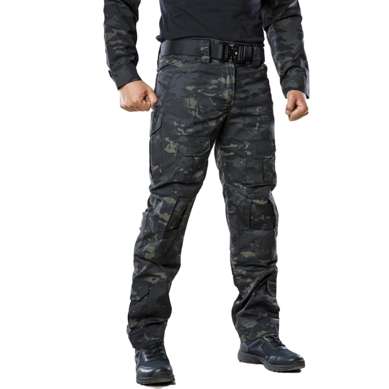 Men's Tactical Camo Cargo Pants - Ripstop Outdoor Hiking & Work Pants with Multiple Pockets (No Belt/Kneepad) - Perfect for Hunting, Airsoft & Military Training