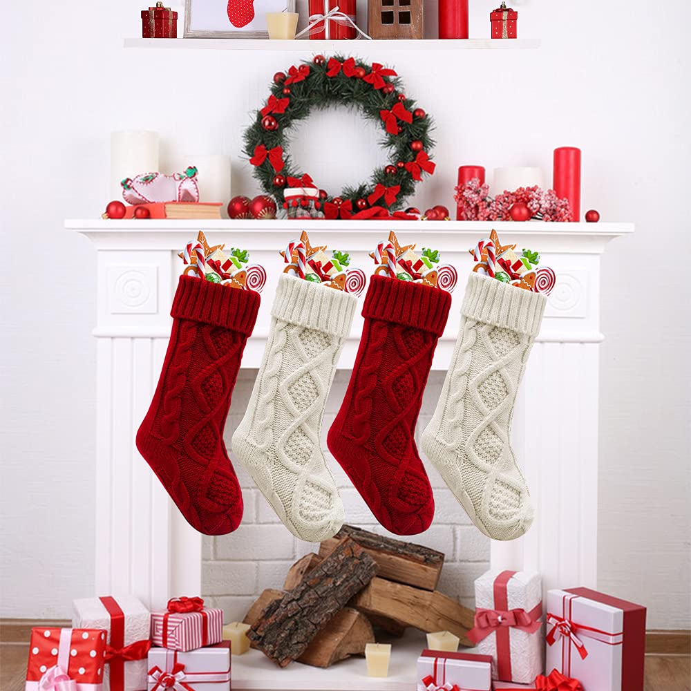 Yifanplus 4 Pack 18 Inch Large Knit Christmas Stockings - Classic White & Ivory Cable Knitted Holiday Stocking Decor for Family, Xmas Party & Fireplace Mantel Decorations