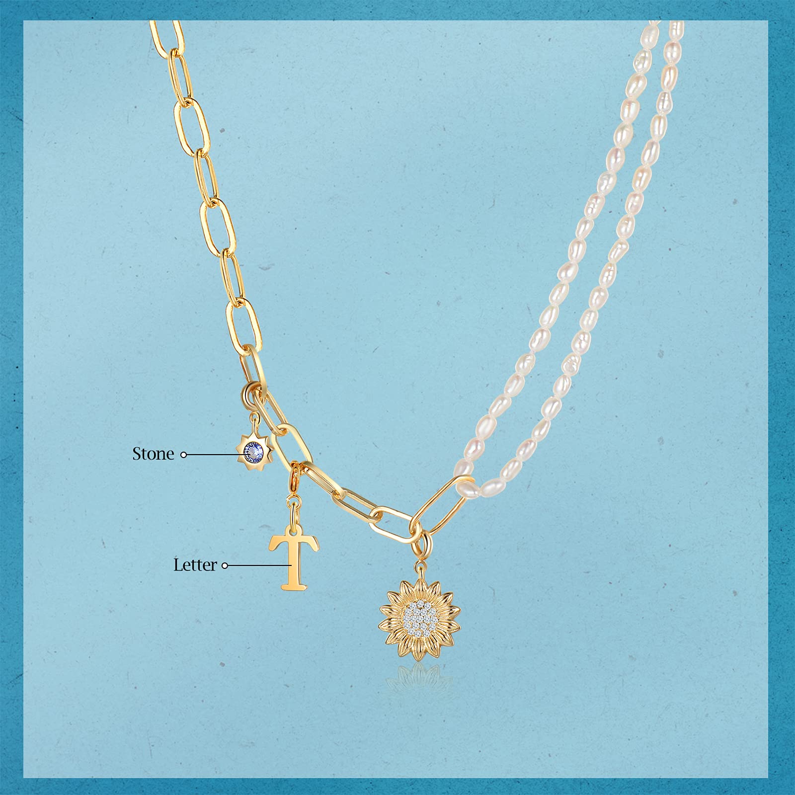 Personalized Sunflower Initial Letter Necklace for Women - Gold Birthstone Paperclip Necklace 