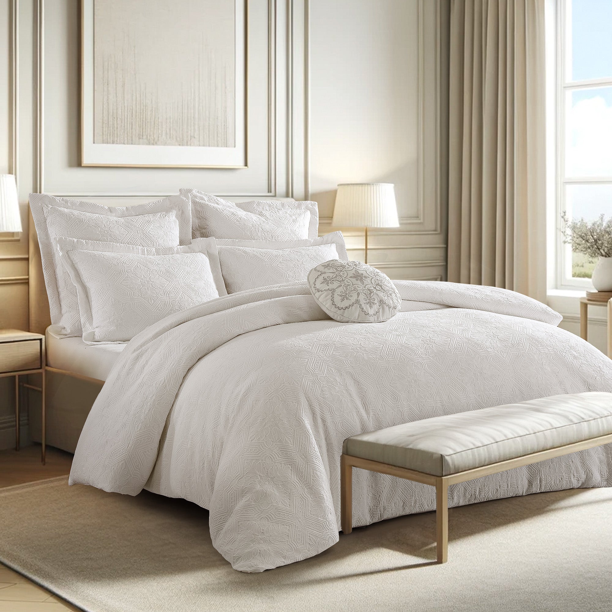 Luxury Matelasse & Waffle Weave Bedding Bundle - King Size Comforter Set, Quilt Set, 2 Euro Shams & Decorative Pillows - Soft Breathable Cotton for Master Bedroom, Guest Room & Hotel Decor