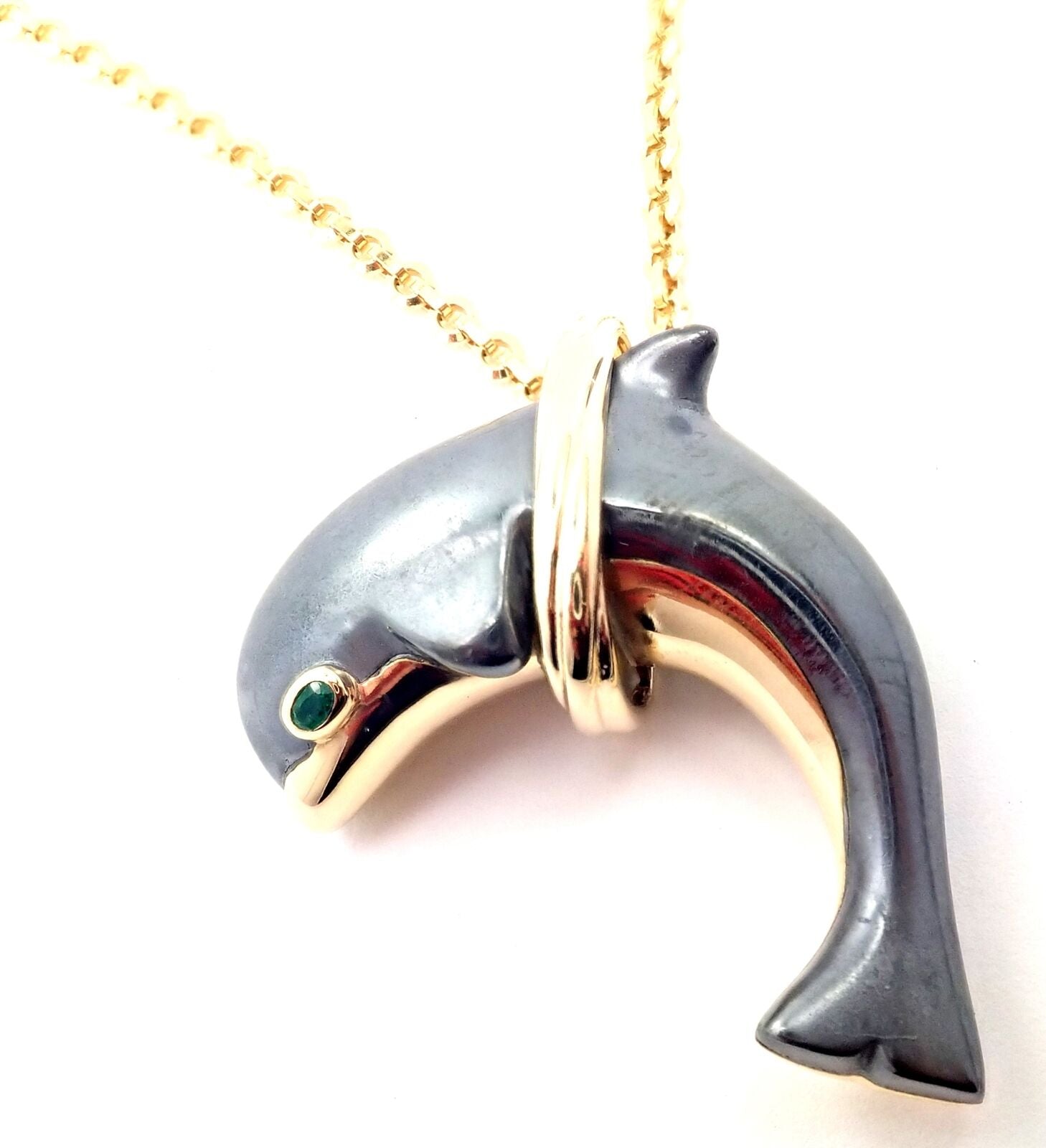 Authentic Cartier 18k Yellow Gold Hematite Dolphin Pendant Necklace - Luxury Jewelry Gift for Women, Perfect for Anniversary, Birthday & Special Occasions