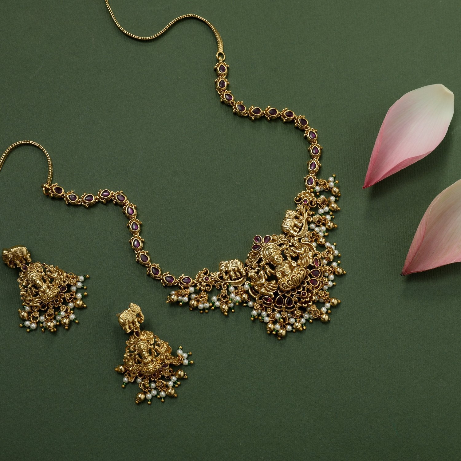 Shreya Temple Necklace Set - Elegant Indian Jewelry for Women, Gold Plated Necklace and Earrings Set, Perfect for Weddings, Festivals & Special Occasions