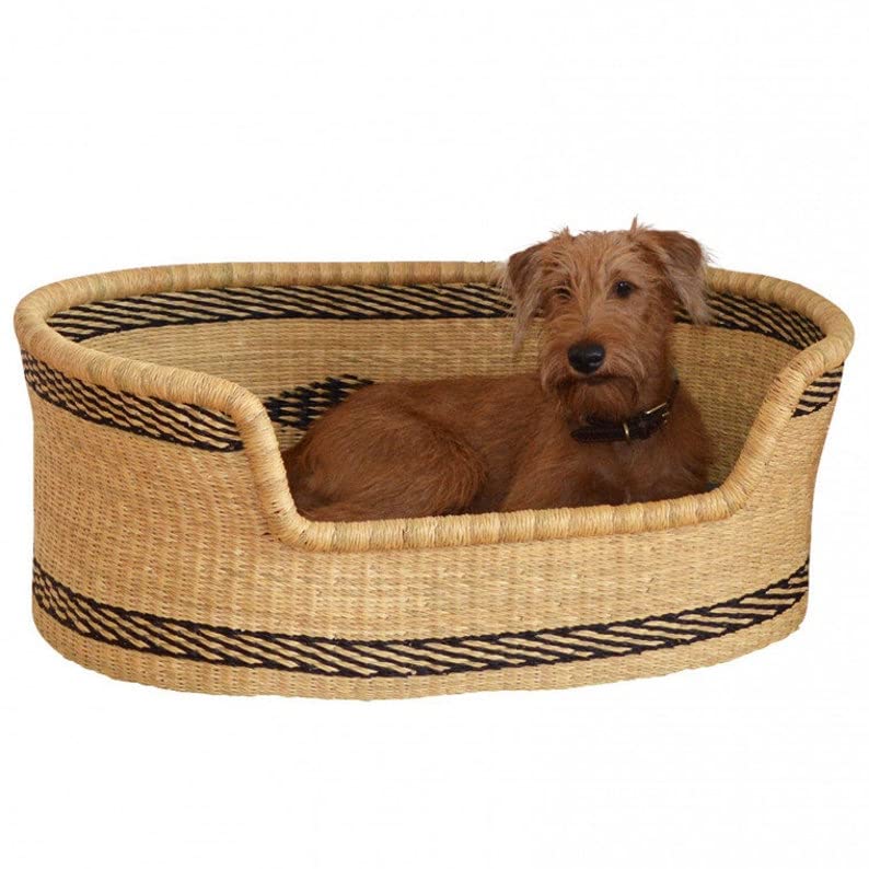 Eco-Friendly Handmade Large Dog Bed with 3-Inch Thick Mattress - Woven Wicker Pet Basket for Puppies & Dogs - Durable Bolga Dog Furniture - Perfect for Living Room, Bedroom & Outdoor Use