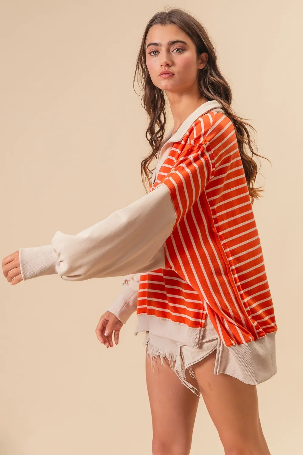 BiBi Stripe Knit Loose Fit T-Shirt with Cut Edge Detail - Casual Women's Top for Everyday Wear, Outings & Layering
