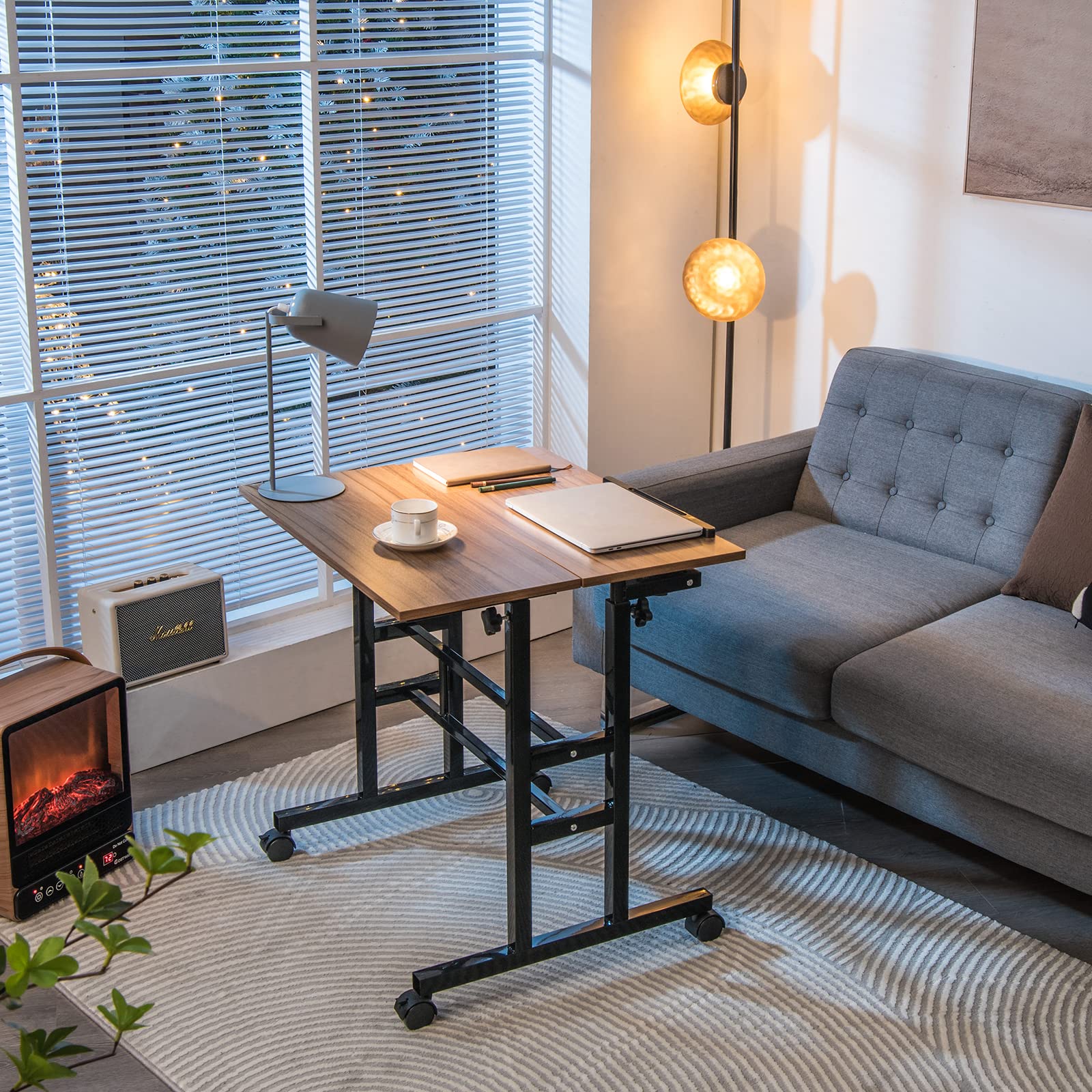 Tangkula Adjustable Height Mobile Standing Desk - Sit Stand Workstation with Tilting Tabletop & Wheels for Home Office, Rolling Laptop Cart (Walnut) | Perfect for Remote Work, Small Spaces & Ergonomic Workspaces