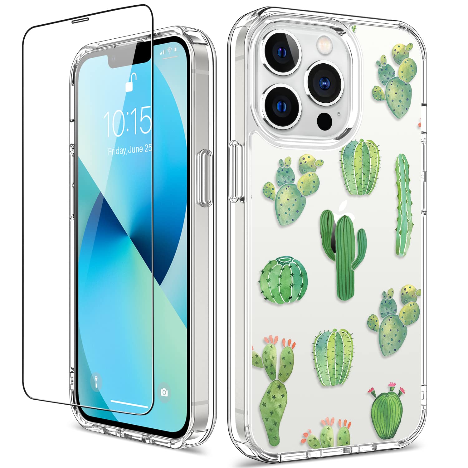 GiiKa iPhone 13 Pro Case with Screen Protector - 6.1 Inch Clear Shockproof Full Body Protective Case for Women | Floral Design Hard Cover with TPU Bumper | Green Cactus Pattern | Perfect for Everyday Use, Work & Travel Protection