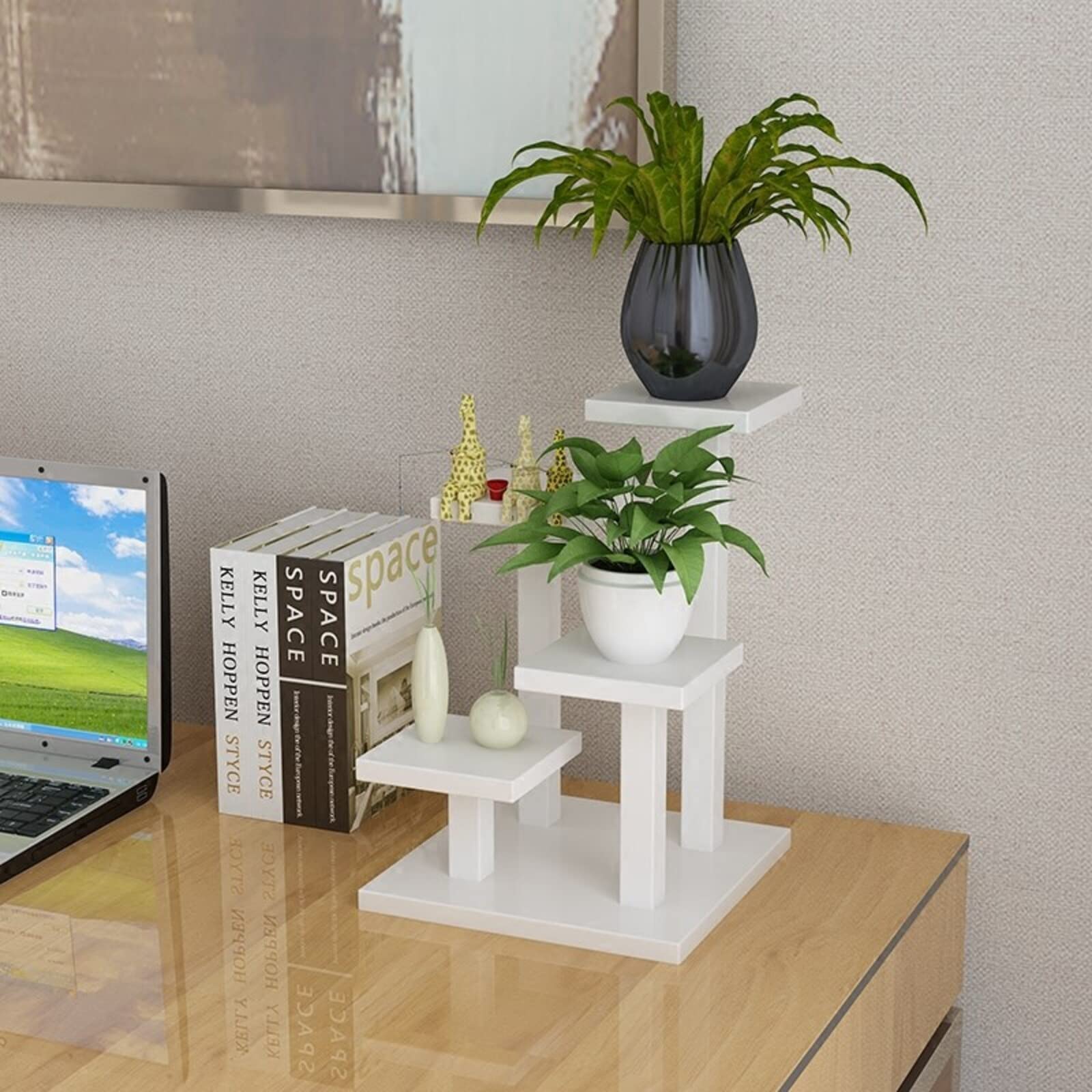 3-Tier Wooden Mini Succulent Stand - Modern Desktop Plant Rack, Small Tabletop Organizer for Office Desk, Sturdy Display Shelf for Succulents, Herbs & Small Plants (H32xL26xW26cm) - Perfect for Home, Office & Indoor Decor