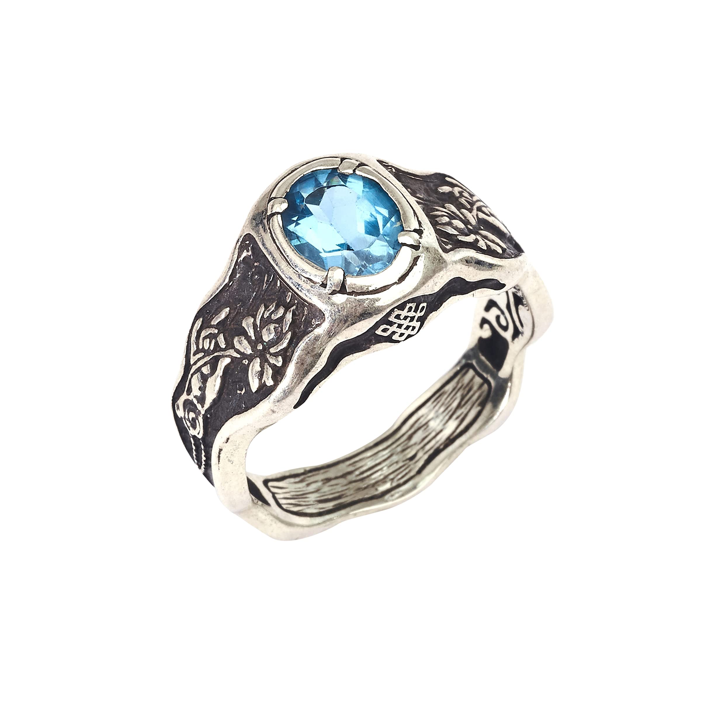 Swiss Blue Topaz 'Mudra' Ring - Buddha Hand Design - November Birthstone Jewelry - Zen Meditation Ring - Buddhist Lotus Flower Jewelry - Spiritual Gift for Women - Perfect for Yoga, Meditation & Special Occasions