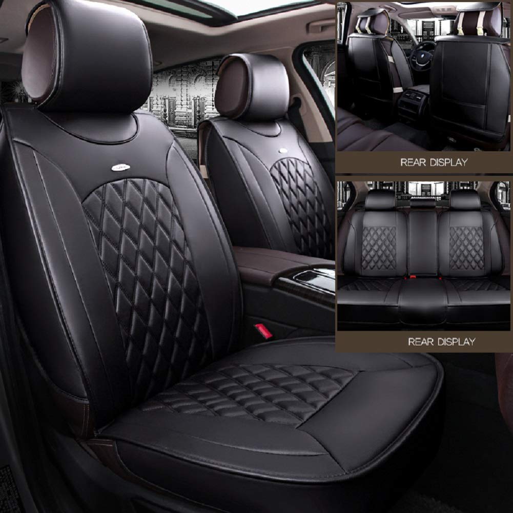Premium Black Universal Fit 5-Seat Car Seat Covers - Waterproof Leather Auto Seat Protectors with Adjustable Design, 2 Lumbar Support Pillows & 2 Headrest Cushions | Full Set Protection for SUVs, Sedans & Trucks | Perfect for Road Trips, Daily Commute & Family Travel