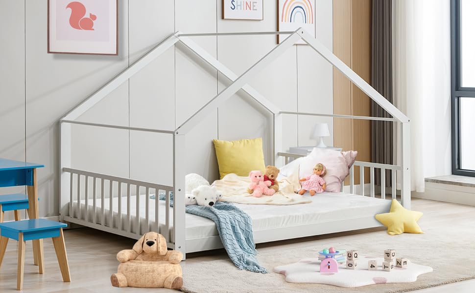 Twin Size Wooden Montessori Floor Bed Frame with Roof - Kids House Bed for Boys and Girls in White | Perfect for Montessori Bedrooms, Playrooms & Cozy Sleep Spaces