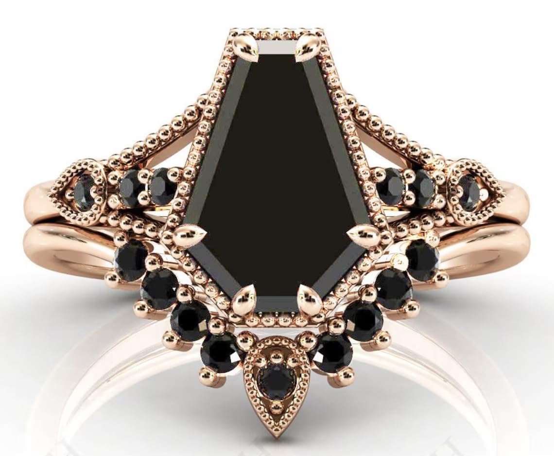 3 CT Art Deco Coffin Shaped Black Onyx Engagement Ring Set - 18K Gold Vintage Wedding Band, Anniversary Jewelry Gift for Women - Perfect for Gothic Brides, Alternative Weddings & Dark Romance Lovers