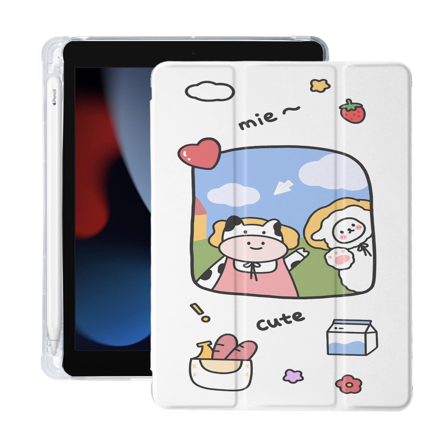 Stylish White Leather iPad Pro 11 Case (2020/2021 3rd Gen) with Clear TPU Back & Pencil Holder | Auto Sleep/Wake Function | Cute Cow & Sheep Design - Perfect for Work, School & Travel Protection