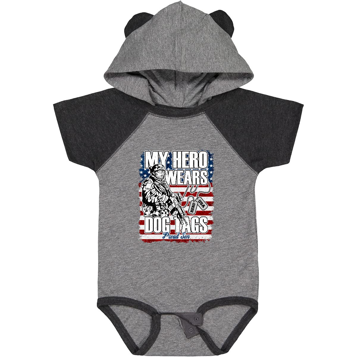 Inktastic Proud Son Hero Wears Dog Tags Military Dad Baby Bodysuit - Comfortable Cotton Onesie for Military Families, Patriotic Baby Gift for Dad's Deployment or Veterans Day Celebration