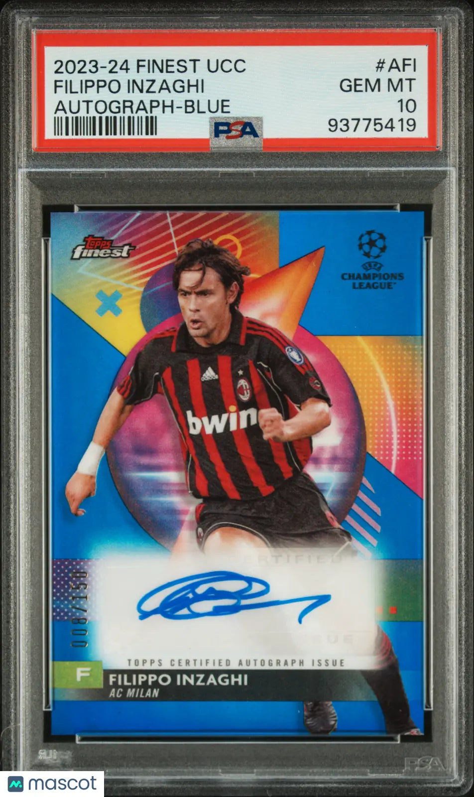2023-24 Topps Finest UEFA Champions League PSA 10 Filippo Inzaghi Blue Autograph Card 008/150 #A FI - Perfect for Soccer Collectors & Memorabilia Displays