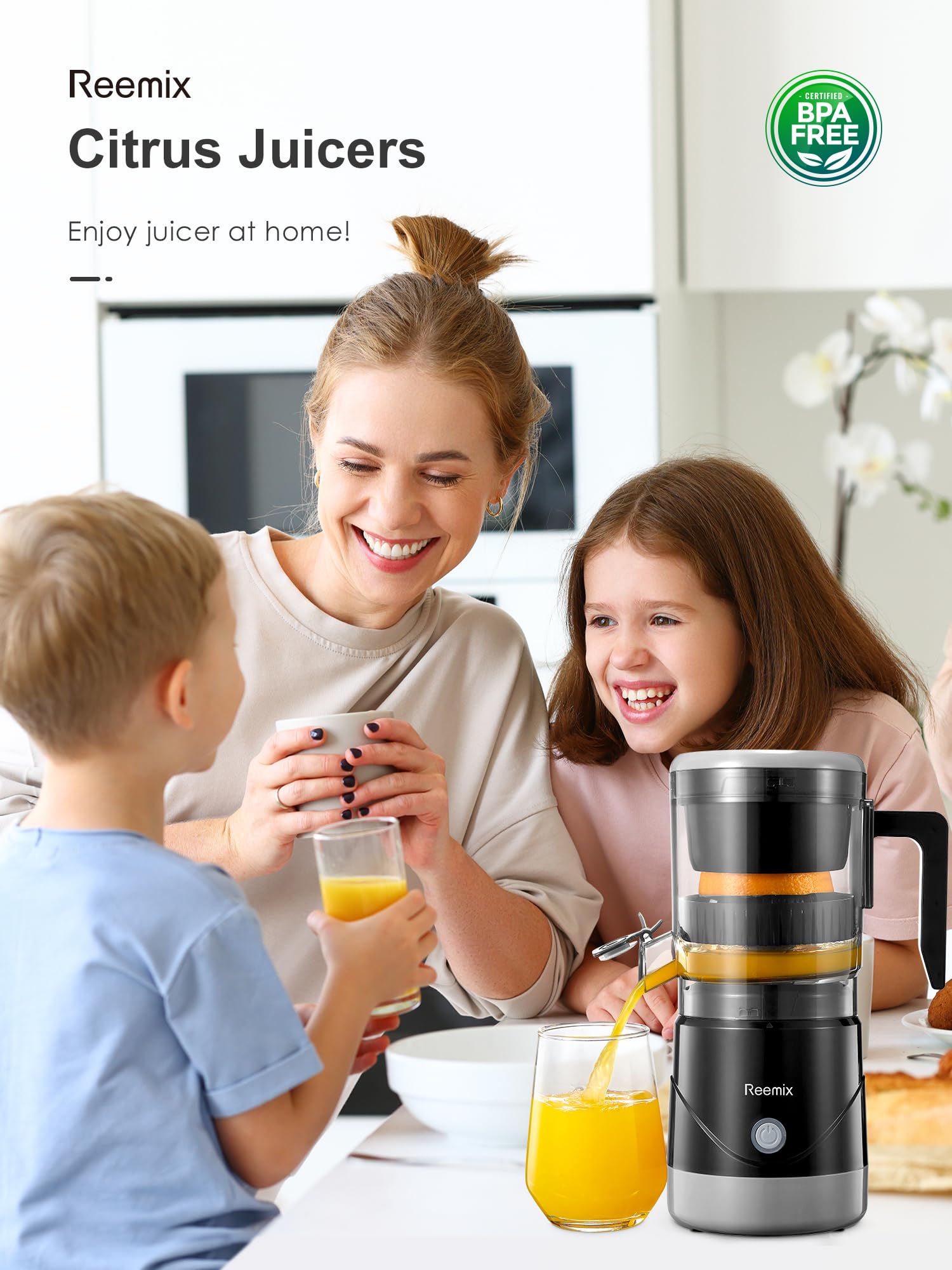 Reemix Electric Citrus Juicer - One-Touch Automatic Orange, Lemon & Grapefruit Squeezer with Cleaning Brush | Portable & Easy to Clean | Perfect for Breakfast, Juice Bars & Healthy Home Cooking