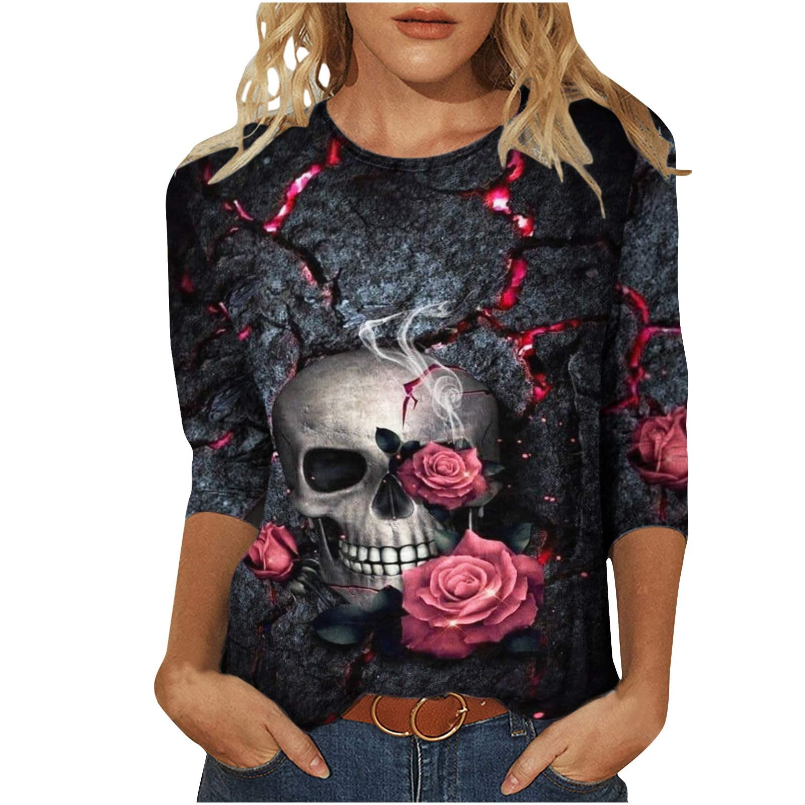Miximx Women's Long Sleeve Halloween Top - Rose Skull Print Boho Blouse, Round Neck Fall Shirt for Parties, Cosplay & Casual Wear