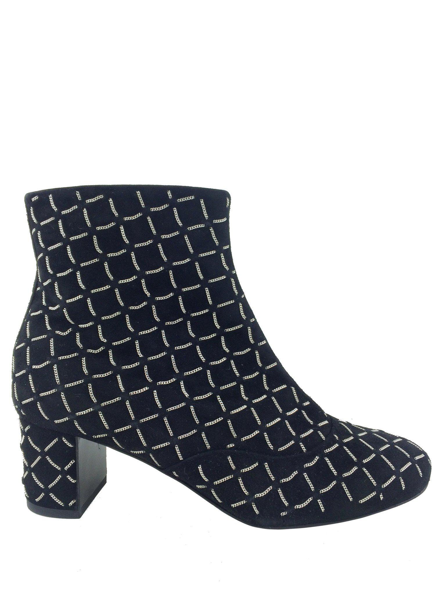 Chanel Suede Silver Chain Link Ankle Boots Women's Size 7.5 - Luxury Fashion Booties for Evening Parties & Night Out
