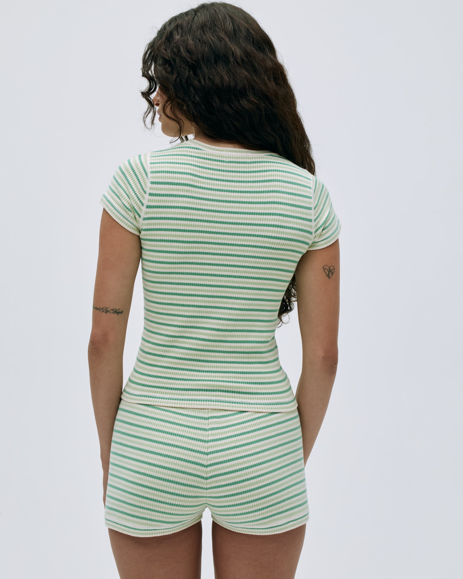 Rib Knit Stripe Short Sleeve T-Shirt for Women - Soft Stretch Casual Top in Jade Green | Perfect for Summer Outfits, Beach Wear & Everyday Comfort