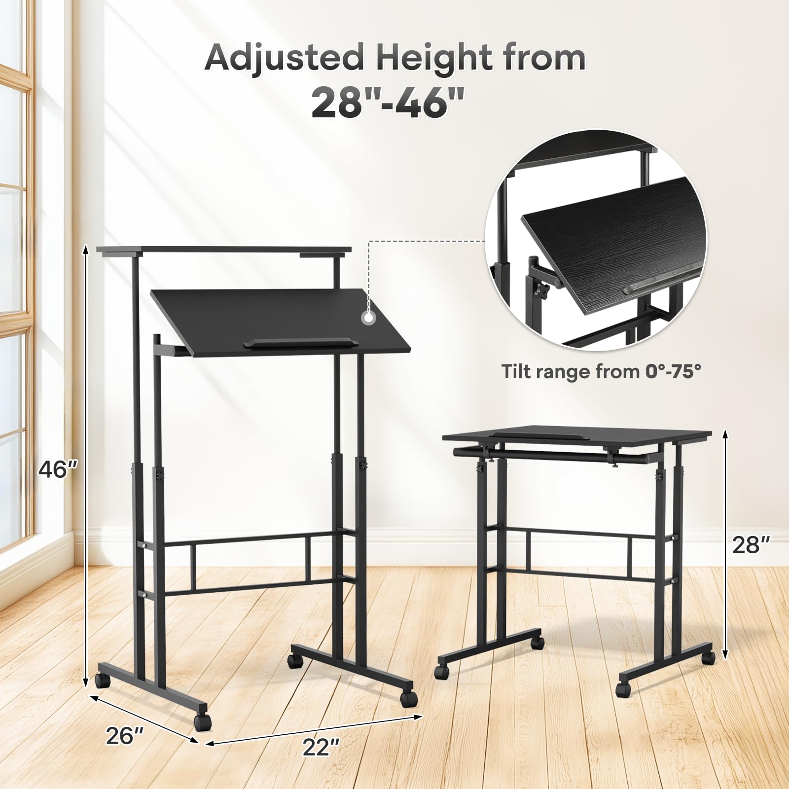 Adjustable Height Rolling Desk - Mobile Portable Laptop Stand Cart with Wheels, Small Sit to Stand Computer Table Workstation for Home Office (Black) | Perfect for Remote Work, Small Spaces & Ergonomic Workspaces