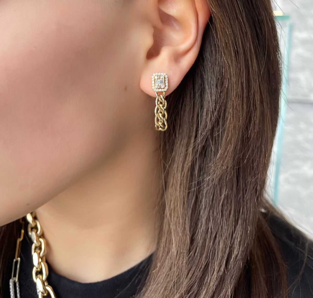 Baguette & Round Diamond Drop Link Chain Earrings for Women - Elegant Dangle Earrings for Wedding, Party & Evening Wear