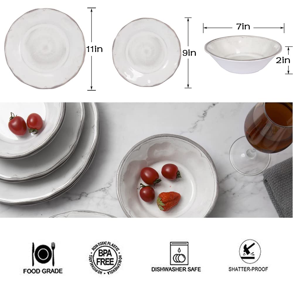12-Piece Melamine Dinnerware Set - White Plates, Salad Plates & Bowls for Everyday Use | Durable & Lightweight Dish Set for Indoor/Outdoor Dining, Picnics, Camping & Parties