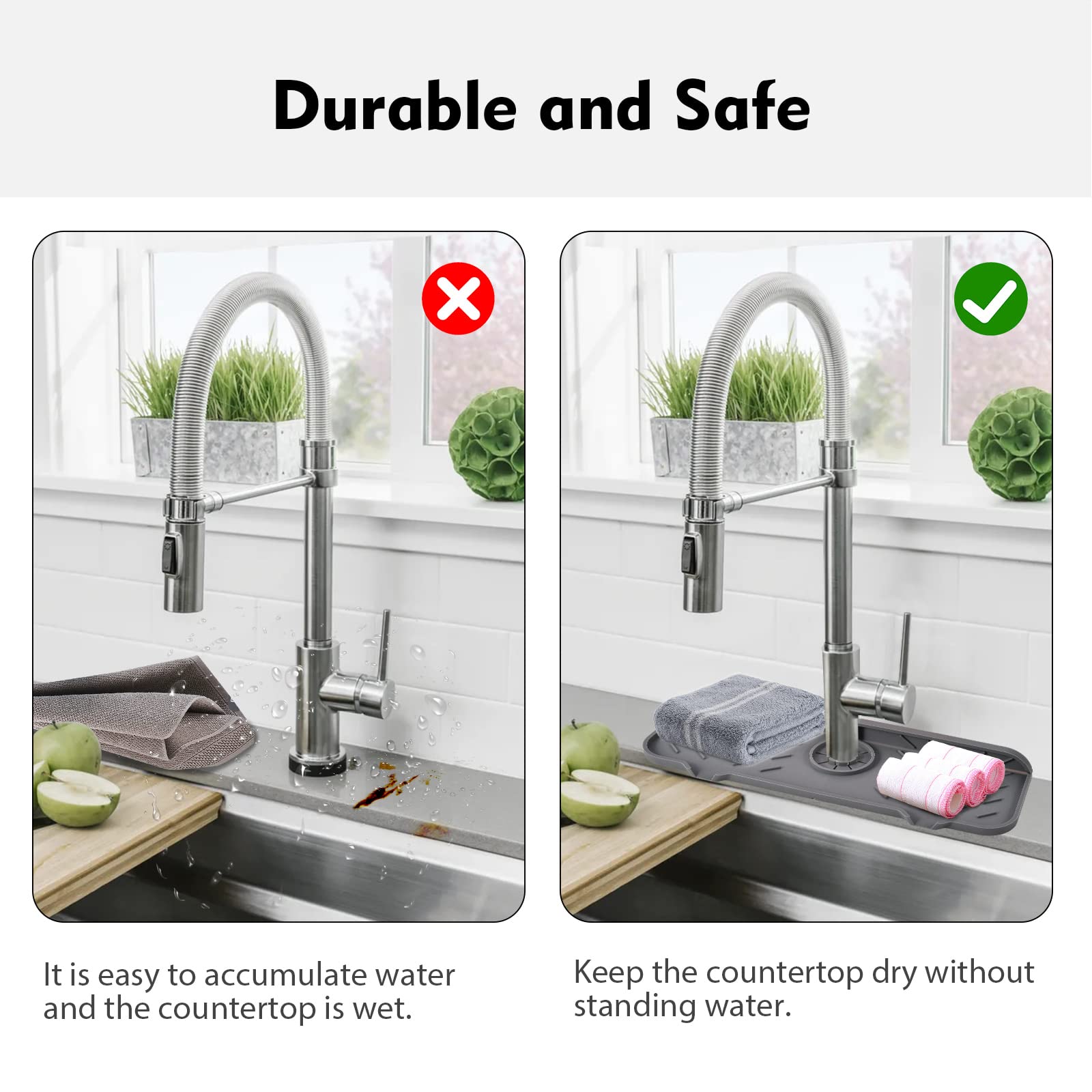 VENMATE Silicone Faucet Mat - 2 Pack Non-Slip Sink Splash Guard for Kitchen & Bathroom | Water Catcher & Draining Pad Behind Faucet | Perfect for Countertop Protection & Keeping Surfaces Dry (Grey)