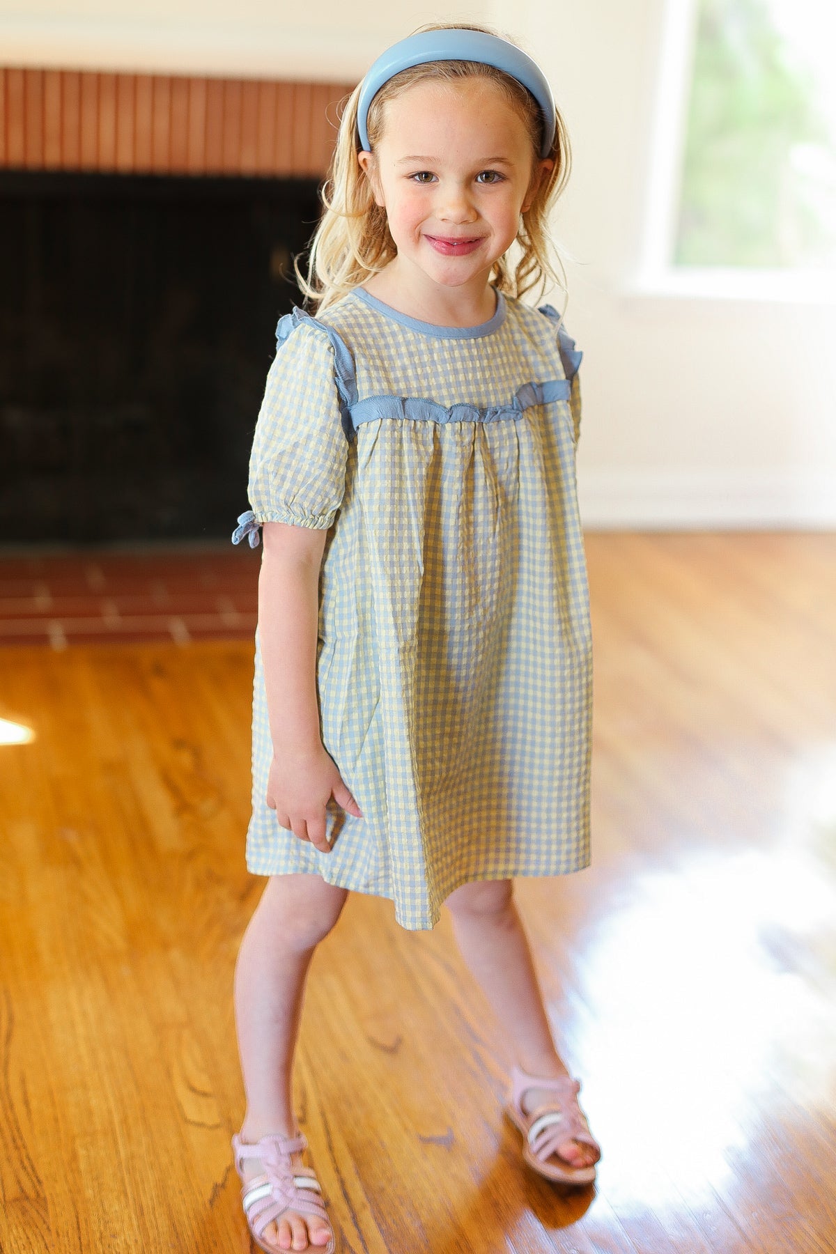 Stylish Blue Gingham Elastic Tie Sleeve Dress for Women | Summer Casual & Party Wear | Perfect for Beach Outings, Picnics, and Date Nights