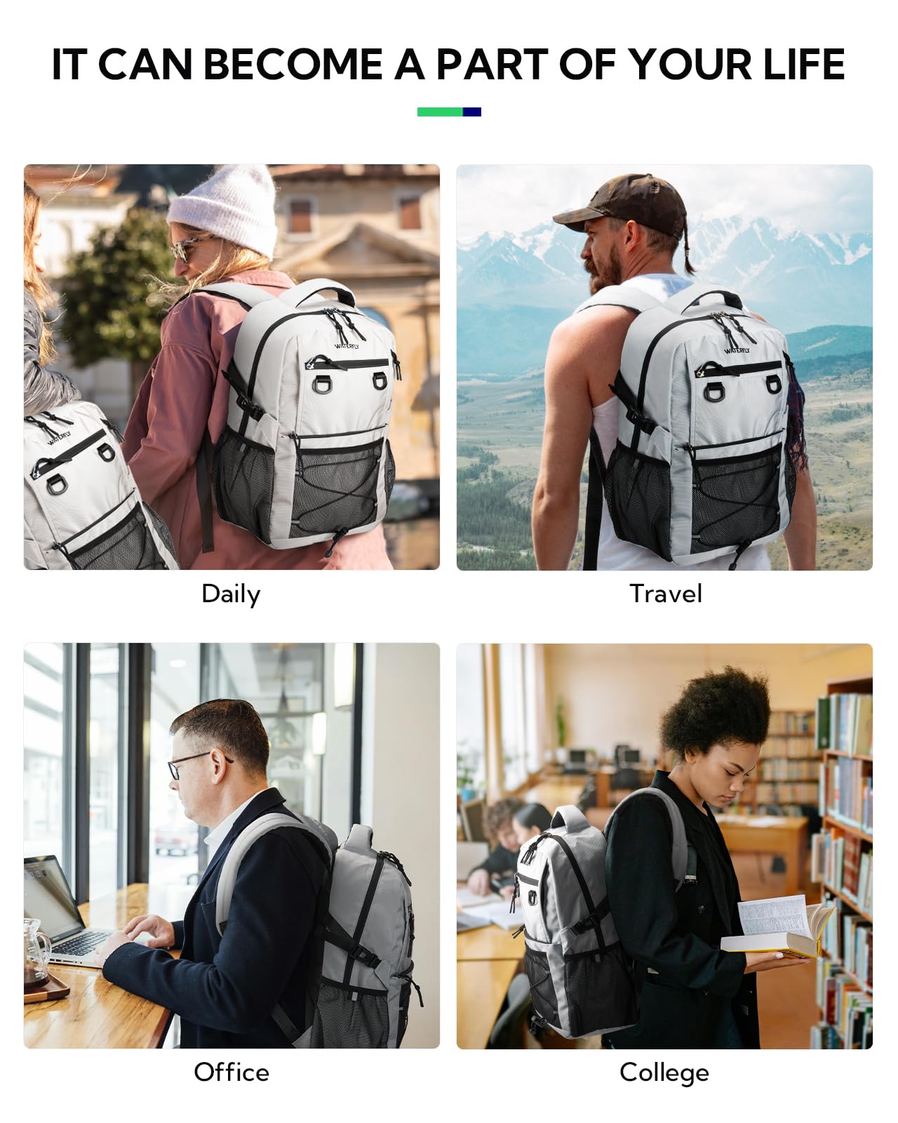 **WATERFLY 22L Light Gray Travel Backpack for Hiking, Commuting & College - Durable Daypack with Multiple Compartments for Men & Women - Perfect for Outdoor Adventures, Airplane Carry-On & Everyday Use**