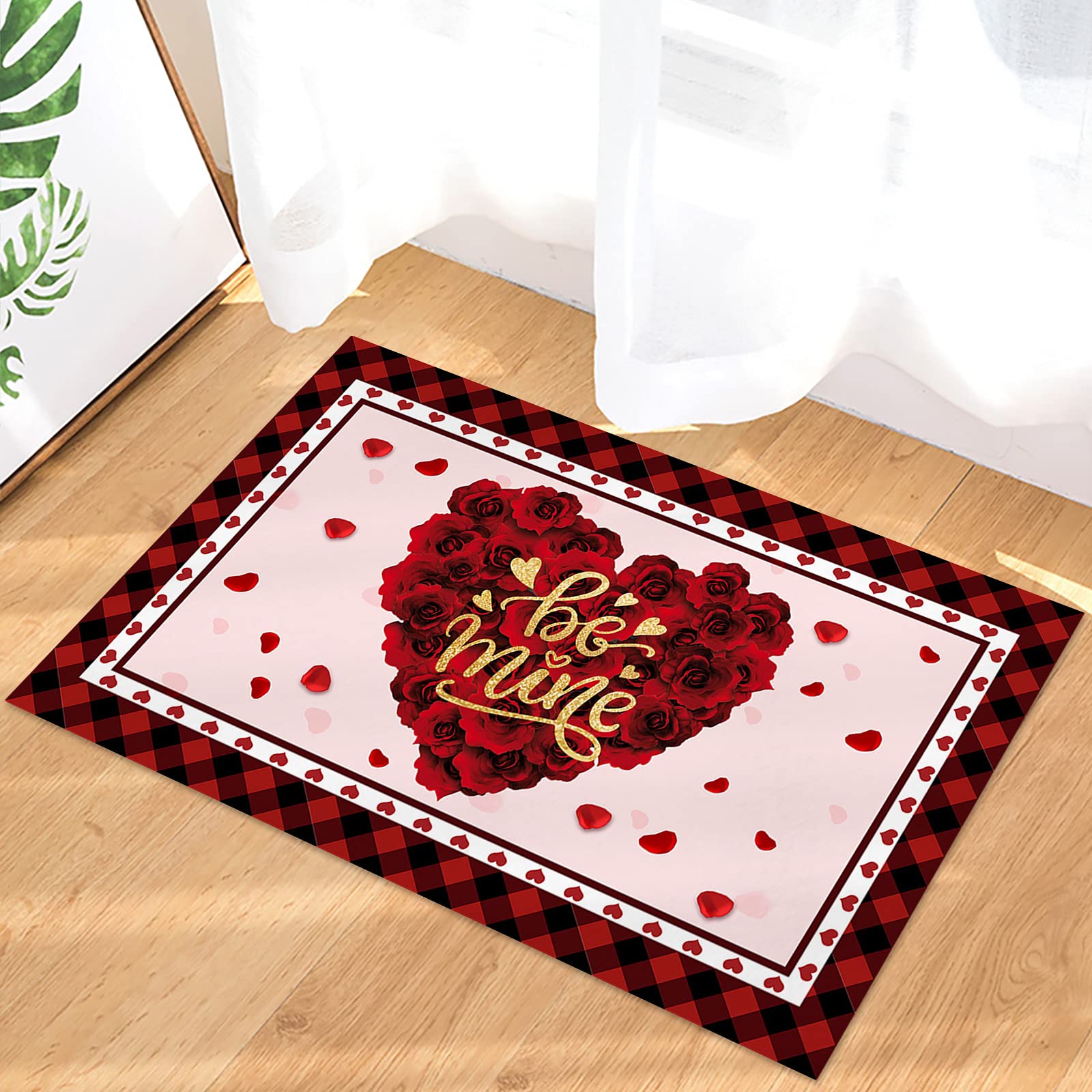Romantic Valentine's Day Rose Heart Welcome Mat - Non-Slip Indoor Doormat for Home, Bathroom & Kitchen Decor (20x32 Inch) - Perfect for Entryway, Front Door & Romantic Gift Giving