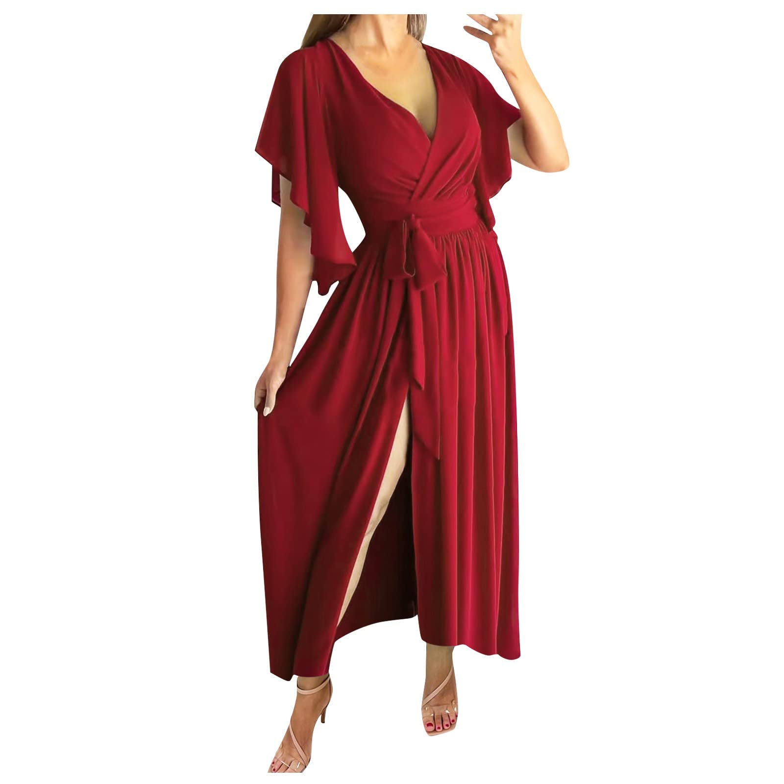 Elegant Women's Cheongsam Mini Dress with Flared Sleeves & V-Neck - Loose Fit Summer Long Dress for Casual Wear, Formal Occasions, Parties, and Special Events