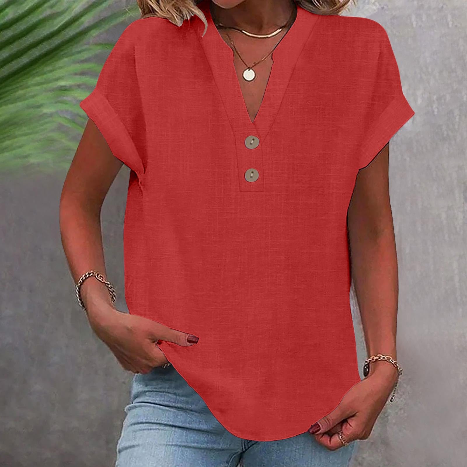 Women's Workout Tops - Fashion Solid Button V-Neck Loose T-Shirt Blouse for Gym, Yoga & Casual Wear | Breathable Comfort Shirt for Women