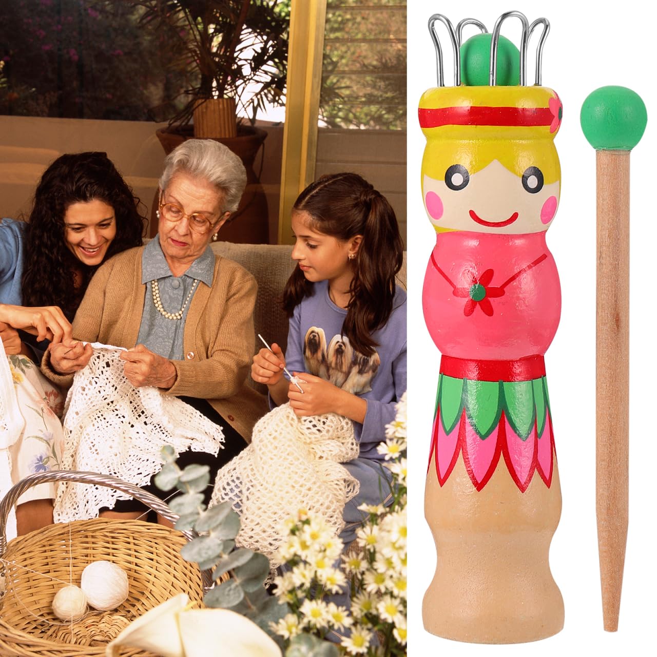 Wooden French Knitter Spool with Needle - Handmade Knitting Tool for Yarn Crafts, DIY Doll Making & Creative Projects - Perfect for Beginners & Knitting Enthusiasts
