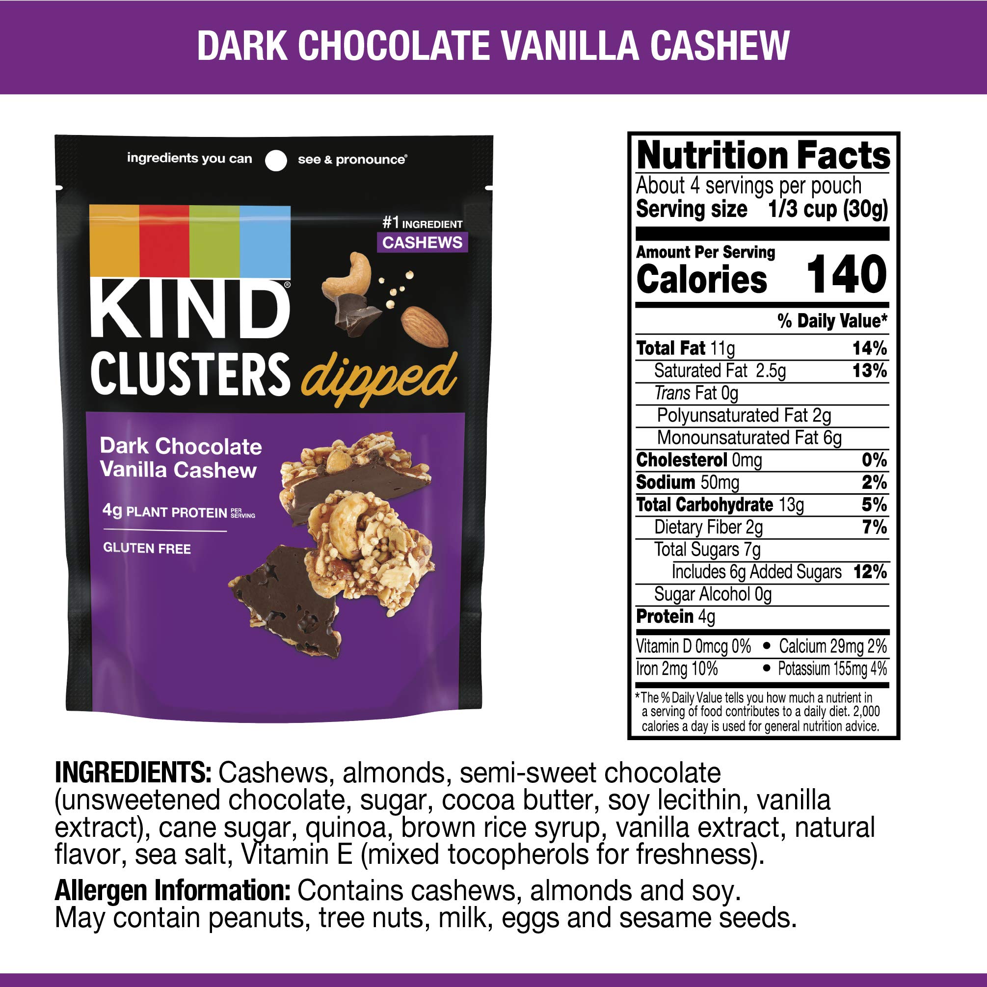 KIND Snack Clusters Dipped in Dark Chocolate with Vanilla Cashew - Gluten Free Protein Snack, 4g Protein per Serving, 4oz (8 Count) - Perfect for Healthy On-the-Go Snacking, Office Treats & Post-Workout Energy Boost