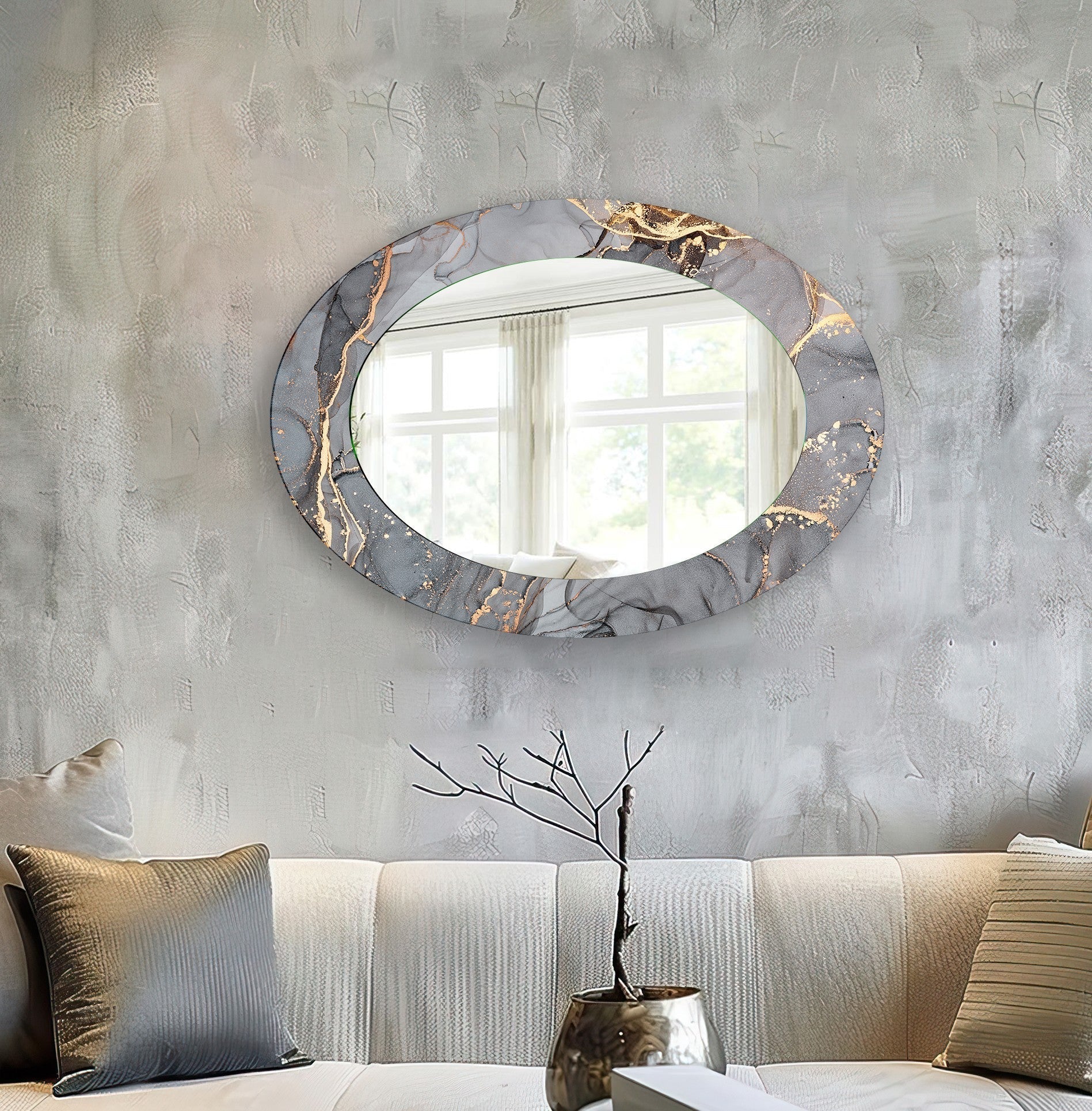 Modern Abstract Gray Oval Wall Mirror - Elegant Home Decor for Living Room, Bedroom & Entryway