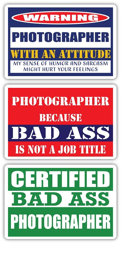 Certified Bad Ass Photographer Stickers (Pack of 3) - Funny Job Career Gift - 3M Vinyl Decals for Laptop, Hard Hat, Window - Perfect for Photographers, Office Decor & Personalizing Work Gear