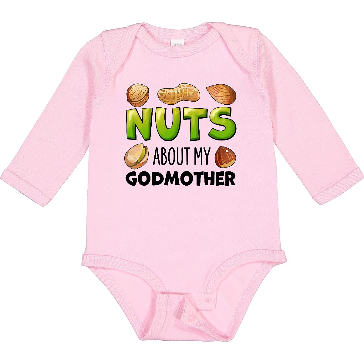 Inktastic Nuts About My Godmother - Peanut Almond Pistachio Print Long Sleeve Baby Bodysuit | Cute Infant Outfit for Family Photos & Holiday Gifts