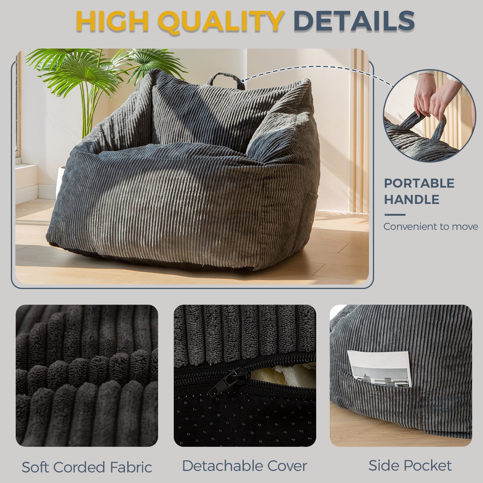 MAXYOYO Bean Bag Chair with Handle & Pocket - Dark Grey Floor Sofa for Teens, Gaming, Reading & Relaxing - Perfect for Living Room, Bedroom & Dorm Decor