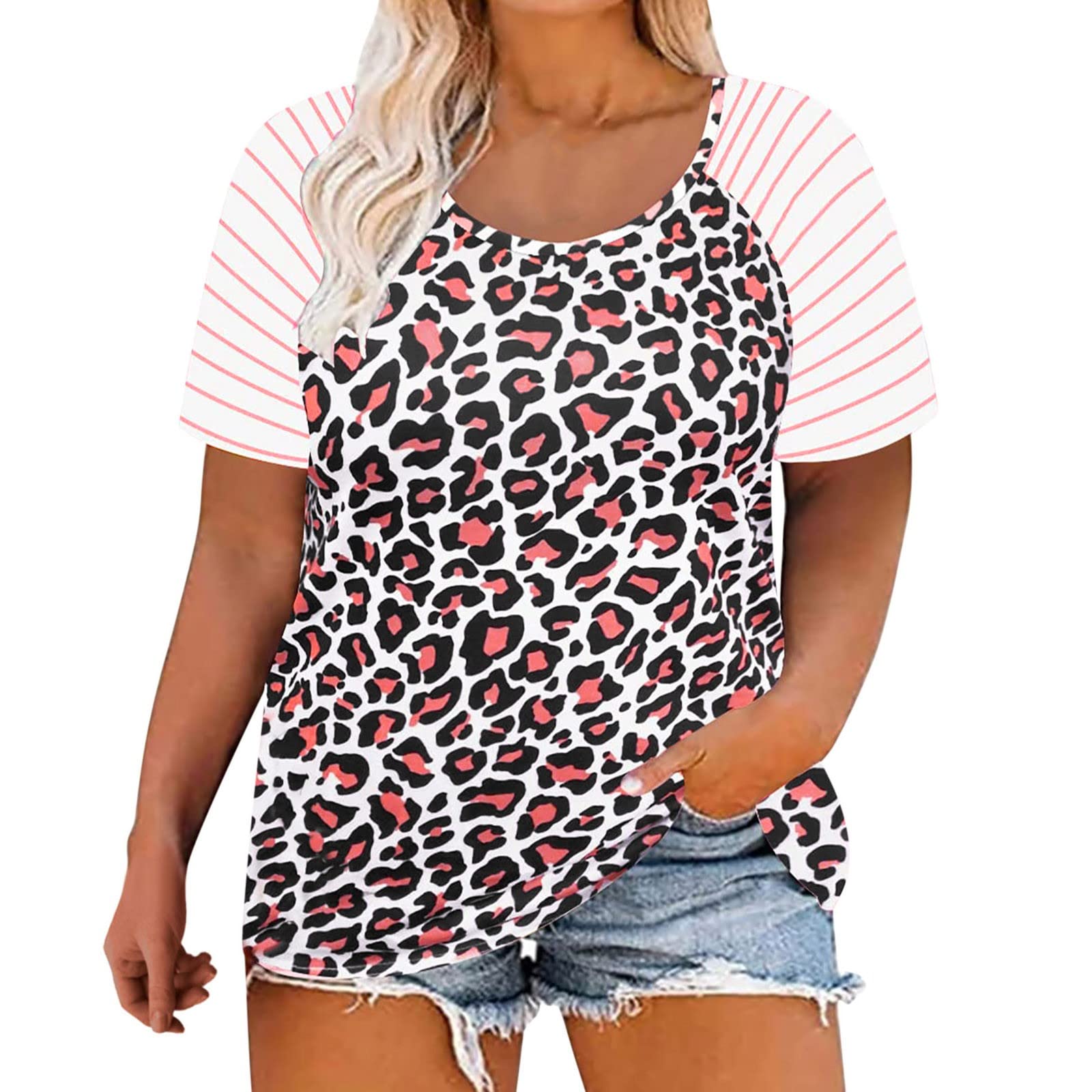 Plus Size Women's Short Sleeve Striped Tunic Tops - Comfortable Stitching Design for Casual Wear with Leggings | Perfect for Work, Travel & Everyday Outfits