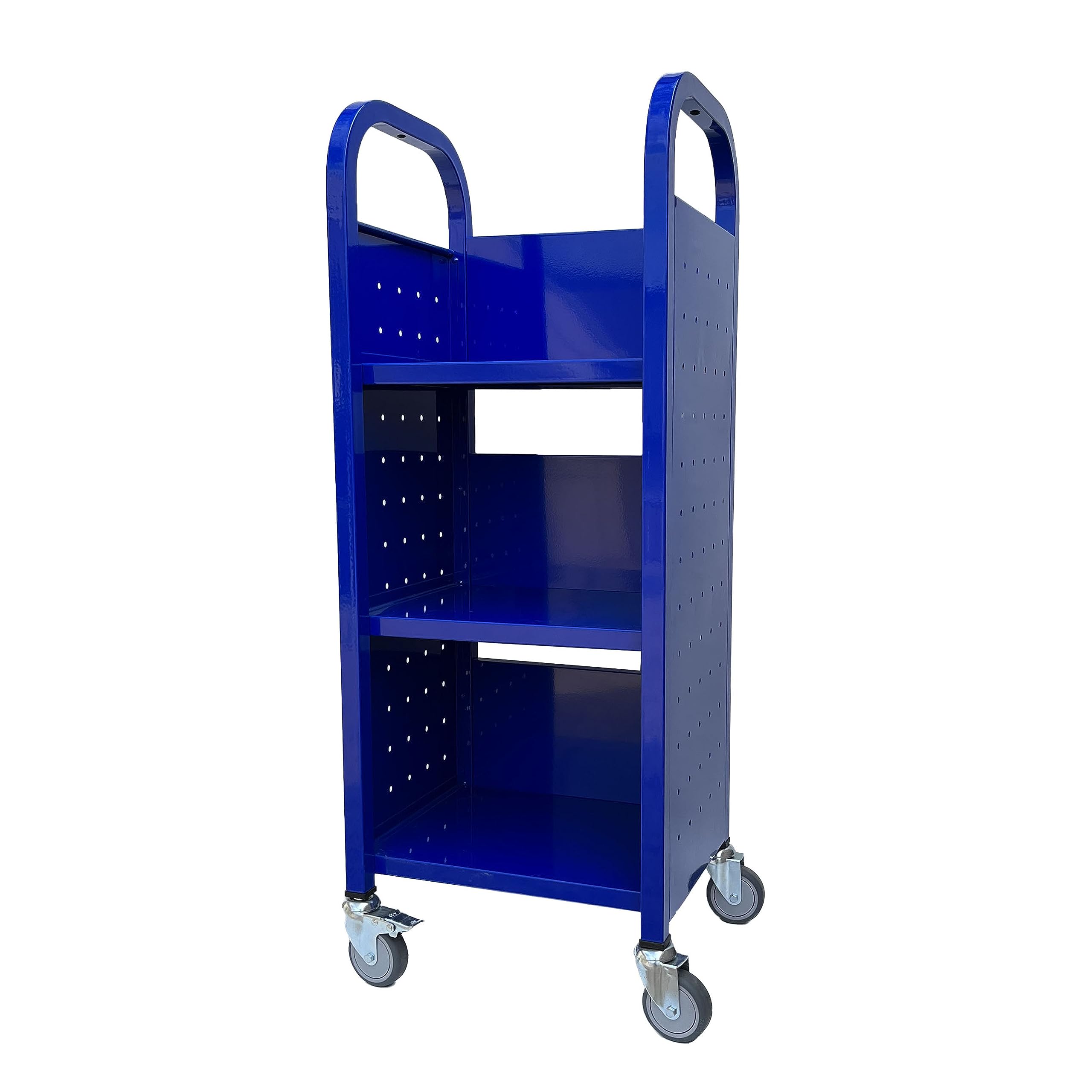 Heavy Duty Workington Single Bank Rolling Book Truck with 3 Flat Shelves - Mobile Library Book Cart with Swivel Locking Casters 3000 Blue - Perfect for Libraries, Schools, and Office Document Organization