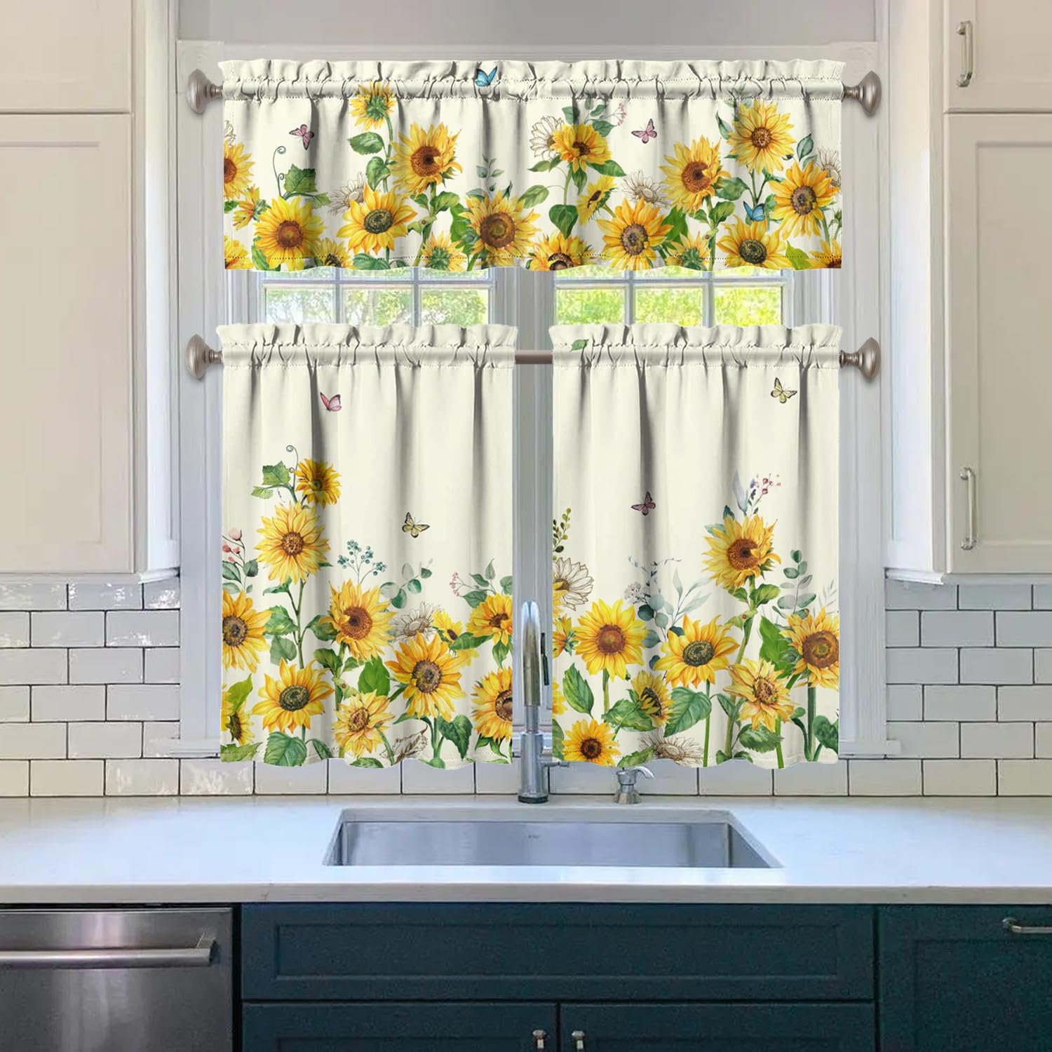 Sunflower Kitchen Valance 3-Piece Set - Floral Rustic Farmhouse Window Curtains for Sink & Kitchen Decor (36 Inch) - Perfect for Spring/Summer Home Interior & Country Style Kitchens