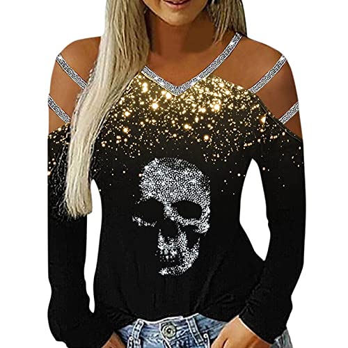 Women's Long Sleeve V-Neck Cold Shoulder Shining Printed Top - Casual T-Shirt Blouse for Everyday Wear (Green, Medium) | Perfect for Office, Date Night & Weekend Outfits