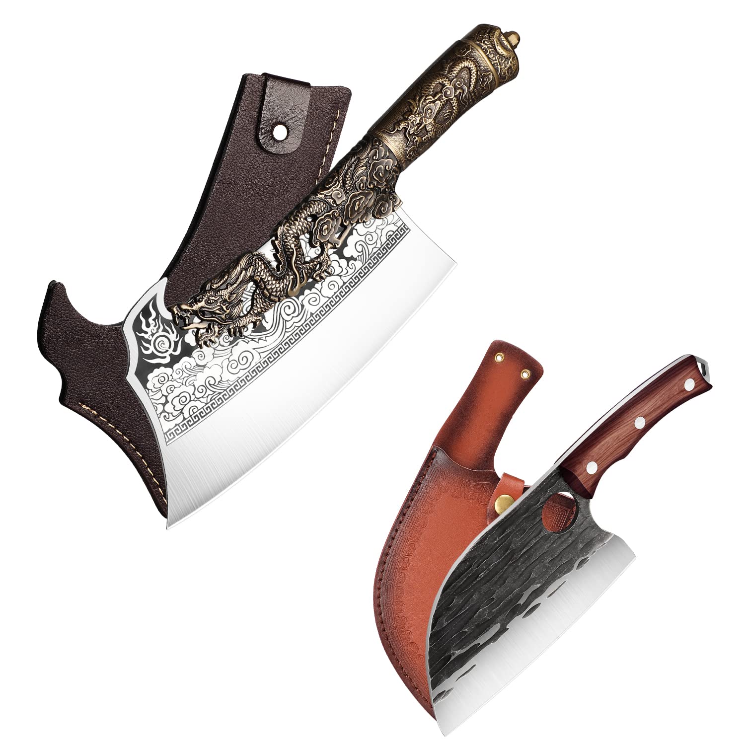 Premium Bone Cleaver & Serbian Chef Knife Set - Heavy Duty Hunting Knives for Men with Sheath - Perfect for BBQ, Camping, Outdoor Adventures & Viking Gifts