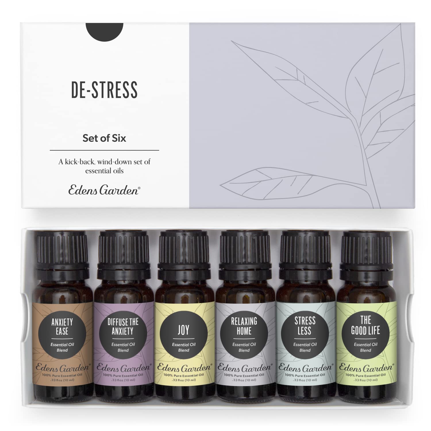 Edens Garden 100% Pure Therapeutic Grade Essential Oils De-Stress 6 Set - Undiluted Aromatherapy Blends for Relaxation, Calming & Mood Enhancement - Perfect for Diffusers, Massage, Home Spa, Office & Self-Care - 10ml Bottles (6 Pack) - Stress Relief & Sleep Aid for Daily Wellness Routine