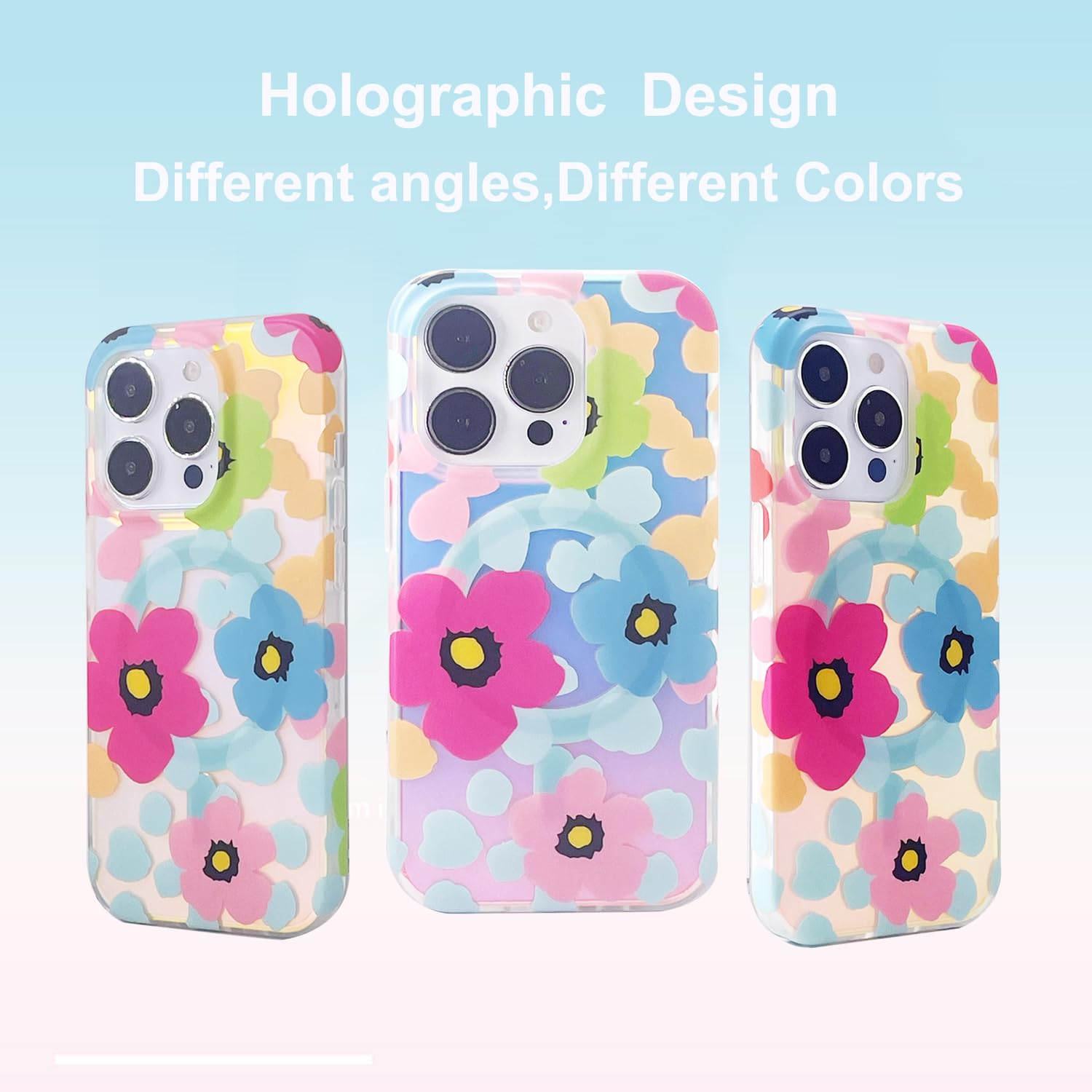 Magnetic Case for iPhone 13 Pro Max 6.7 inch - Slim Shockproof Protective Cover with TPU Bumper & Screen Protector | Compatible with MagSafe Charging | Cute Holographic Blue Pink Floral Design | Perfect for Daily Use, Travel & Work Protection